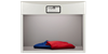 This lighting box shows a red and blue product being measured for color. A large black line outline the control panel and a light shines from the top of the light booth.