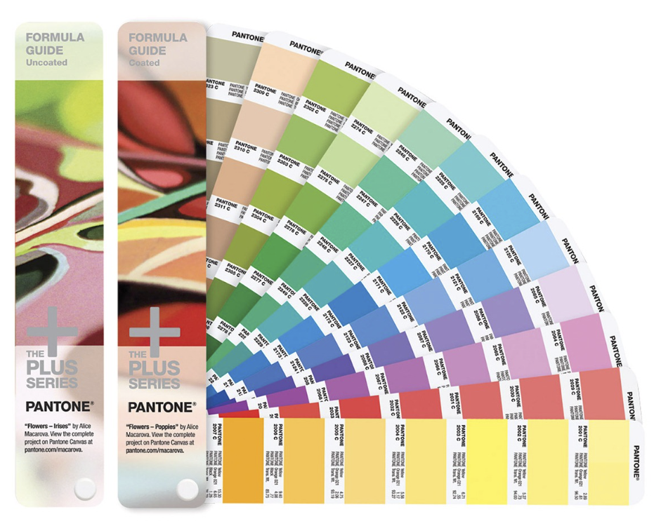 Specification books like these coated and uncoated PANTONE PLUS SERIES FORULA GUIDE Coated & Uncoated fan decks provide ink formulas to help the ink room create each color to be used on press.