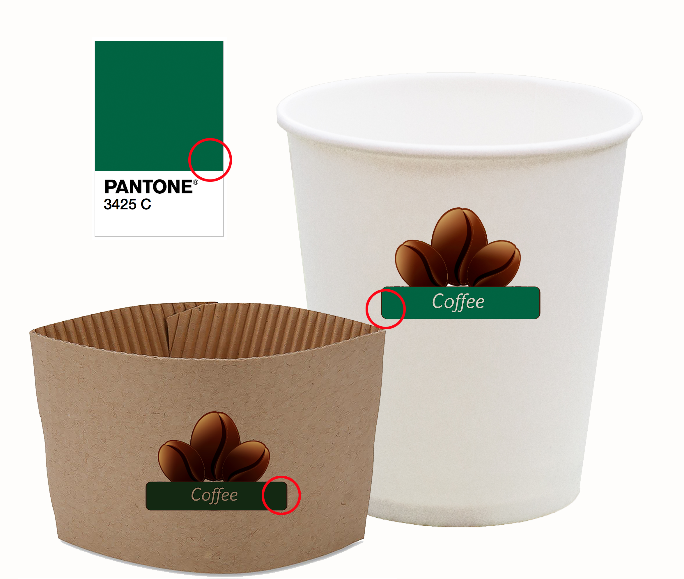 This graphic shows how Pantone 3425 C will appear when printed on both white and brown cardboard. As you can see, the difference is quite noticeable. Is it OK if the green on the white cup doesn’t exactly match the green on the brown thermal cup holder? It’s a balancing act between what’s achievable and what’s acceptable.