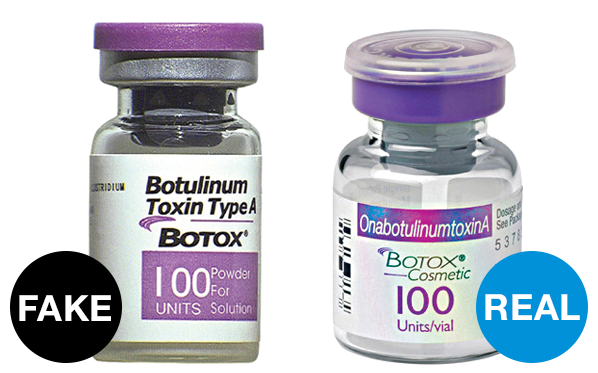 The counterfeit Botox on the left used the wrong name for the active ingredient. The bottle on the right includes a holographic image to verify authenticity. Image courtesy of consumerreports.org.