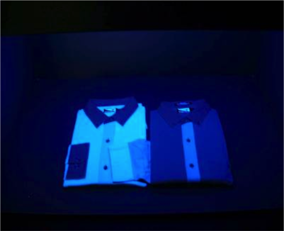 Although these white shirts look great under daylight, when placed in a light booth under UV light, you can see that the white pieces all contain different amounts of optical brighteners.