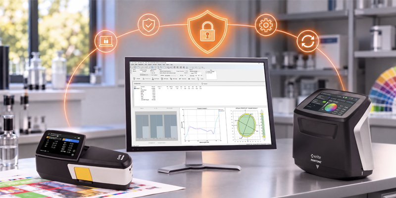 Connected X-Rite hardware and software protected by digital security elements representing Cyber Resilience Act compliance.